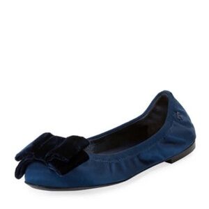 Tory Burch Viola Bow Ballet Flats, featuring a navy blue satin upper and bows.